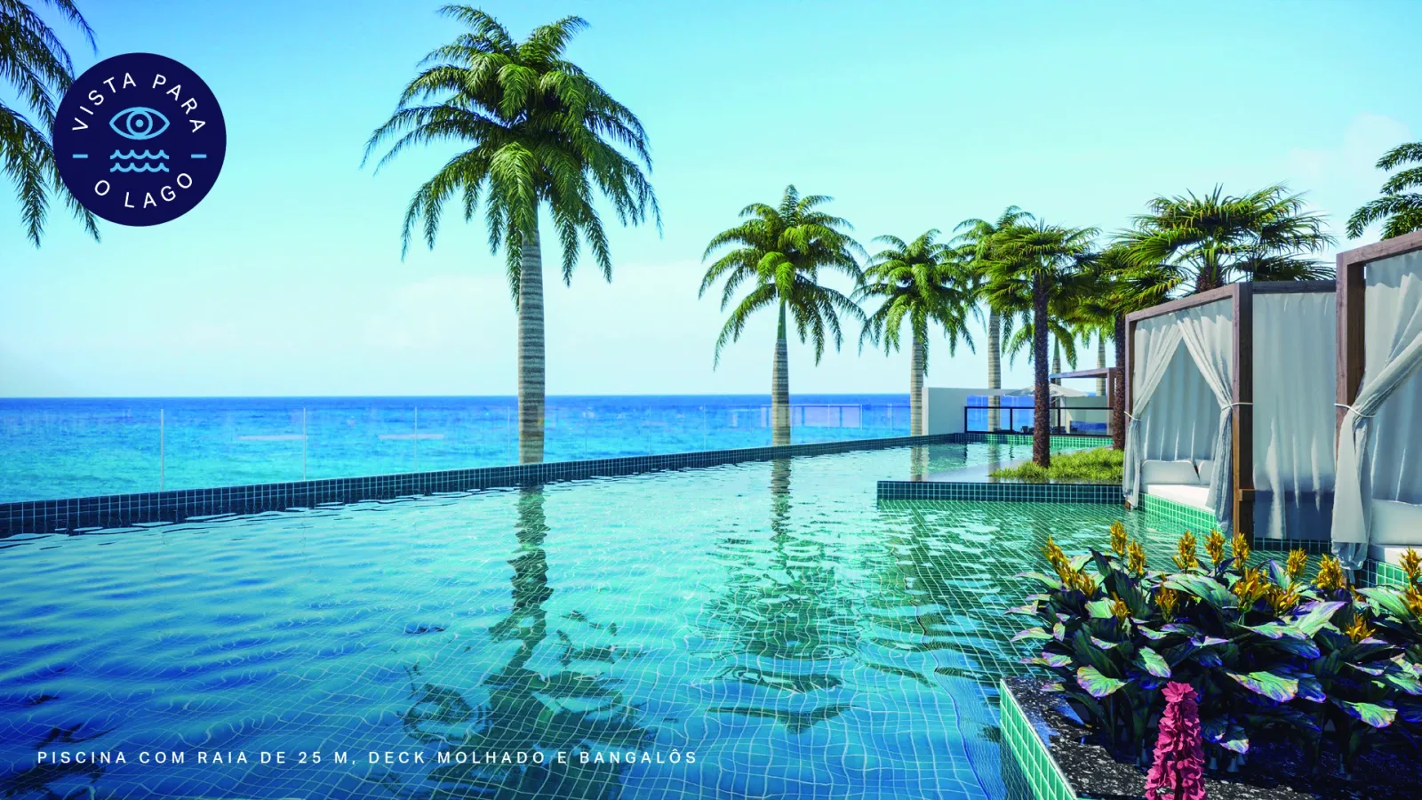 Piscina com borda infinita, com raias de 25m e vista para o lago — Urban Terraço